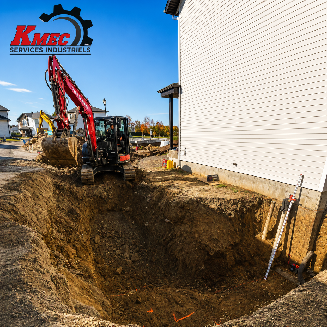 Mini-excavatrice creusant une tranchée le long du mur d'une maison, accès restreint
